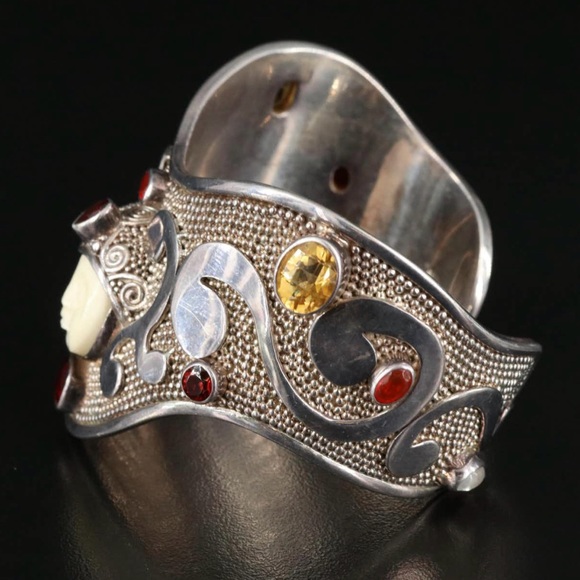 SAJEN CUFF SILVER FACES GODDESS BRACELET BONE GARNET, CITRINE - Picture 4 of 9